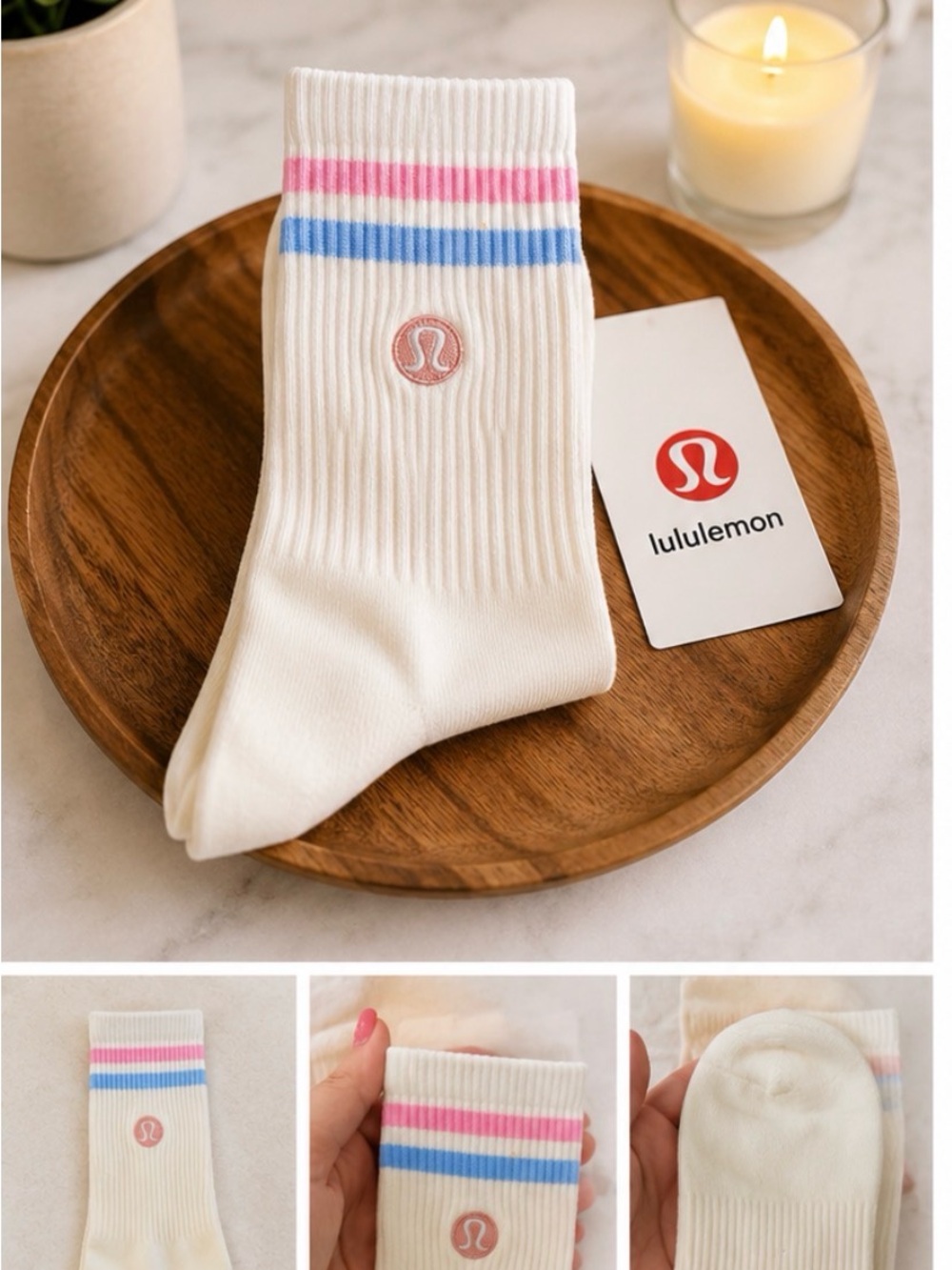 lululemon athletica Cream Crew Socks with Pink & Blue Stripes